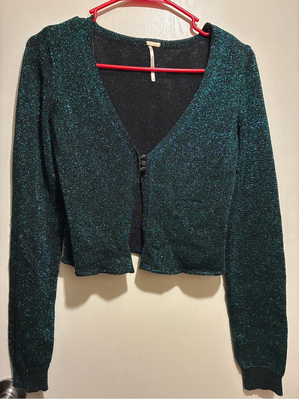 Free People Teal Sparkle Cropped Button Cardigan